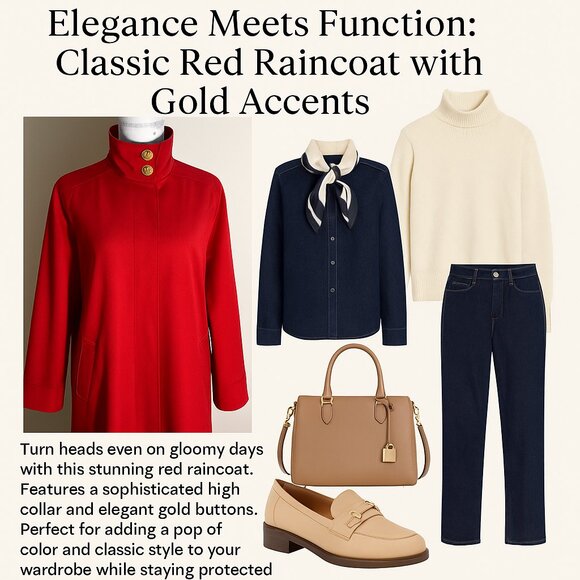 Vintage Vibrant Red Raincoat with Chic Gold Buttons - Stay Stylish & Dry! - Picture 1 of 14